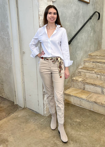 Long Sleeve Stretch Cotton Poplin Oxford Shirt with Chain Detail in Flash White