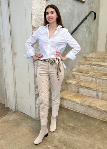 Long Sleeve Stretch Cotton Poplin Oxford Shirt with Chain Detail in Flash White