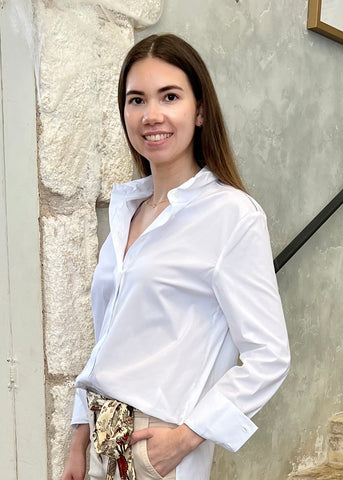Stretch Cotton Poplin Long Sleeve Oxford Shirt in Pottery White