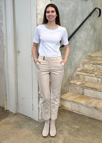 Short Sleeve Stretch Microrib Jersey T-Shirt with Chain Accents + Contrast Collar in Flash White