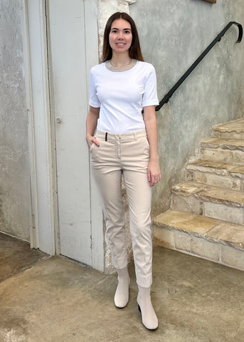 Short Sleeve Stretch Microrib Jersey T-Shirt with Chain Accents + Contrast Collar in Flash White