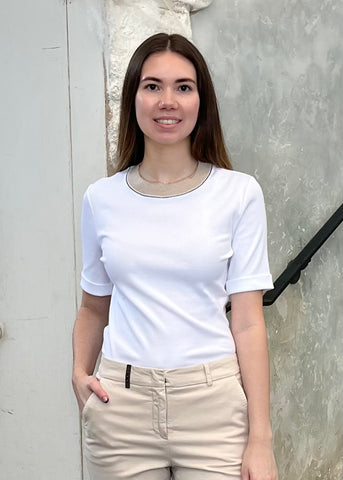 Short Sleeve Stretch Microrib Jersey T-Shirt with Chain Accents + Contrast Collar in Flash White