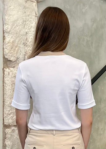 Short Sleeve Stretch Microrib Jersey T-Shirt with Chain Accents + Contrast Collar in Flash White