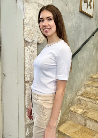 Short Sleeve Stretch Microrib Jersey T-Shirt with Chain Accents + Contrast Collar in Flash White