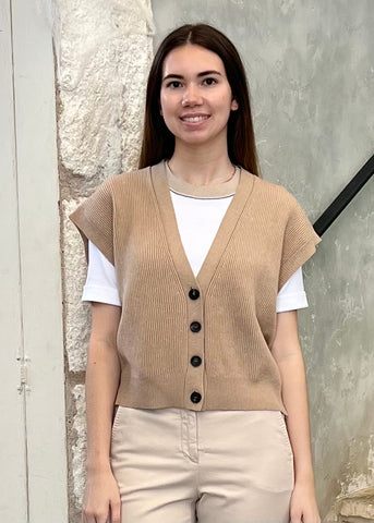 Wool Cashmere Blend Knit Vest with Lurex Stitching in Amber Beige