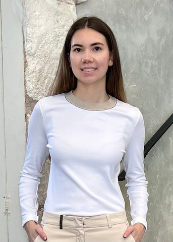 Long Sleeve Stretch Microrib Jersey T-Shirt with Chain Accents + Contrast Collar in Flash White