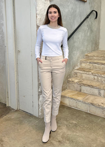 Long Sleeve Stretch Microrib Jersey T-Shirt with Chain Accents + Contrast Collar in Flash White