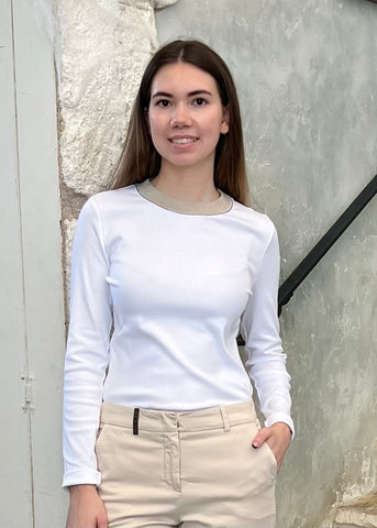 Long Sleeve Stretch Microrib Jersey T-Shirt with Chain Accents + Contrast Collar in Flash White