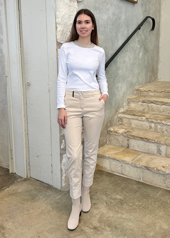 Long Sleeve Stretch Microrib Jersey T-Shirt with Chain Accents + Contrast Collar in Flash White