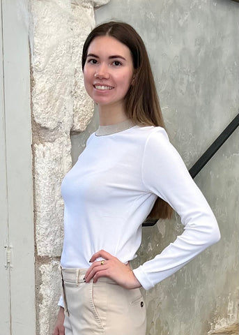 Long Sleeve Stretch Microrib Jersey T-Shirt with Chain Accents + Contrast Collar in Flash White