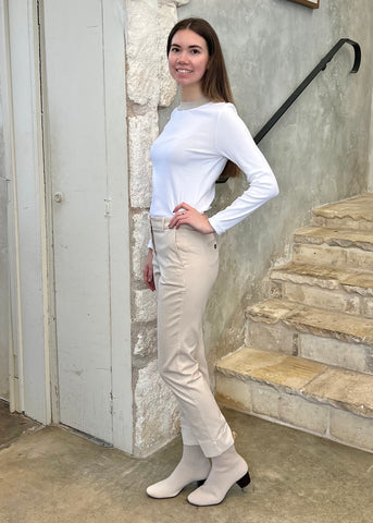 Long Sleeve Stretch Microrib Jersey T-Shirt with Chain Accents + Contrast Collar in Flash White