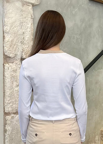 Long Sleeve Stretch Microrib Jersey T-Shirt with Chain Accents + Contrast Collar in Flash White