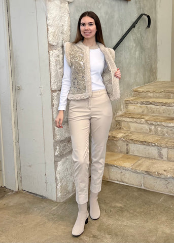 Long Sleeve Stretch Microrib Jersey T-Shirt with Chain Accents + Contrast Collar in Flash White