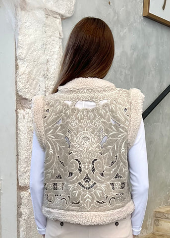 Ceci Embroidery Felted Vest in Oatmeal