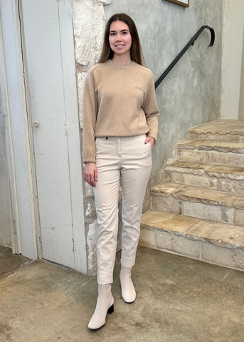 Long Sleeve Silk Cashmere Blend Knit Sweater with Chain Detail in Amber Beige