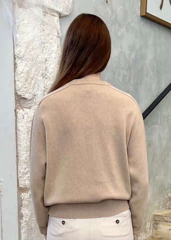 Long Sleeve Silk Cashmere Blend Knit Sweater with Chain Detail in Amber Beige