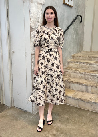 Joan Floral Print Puff Sleeve Belted Midi Dress in Cream