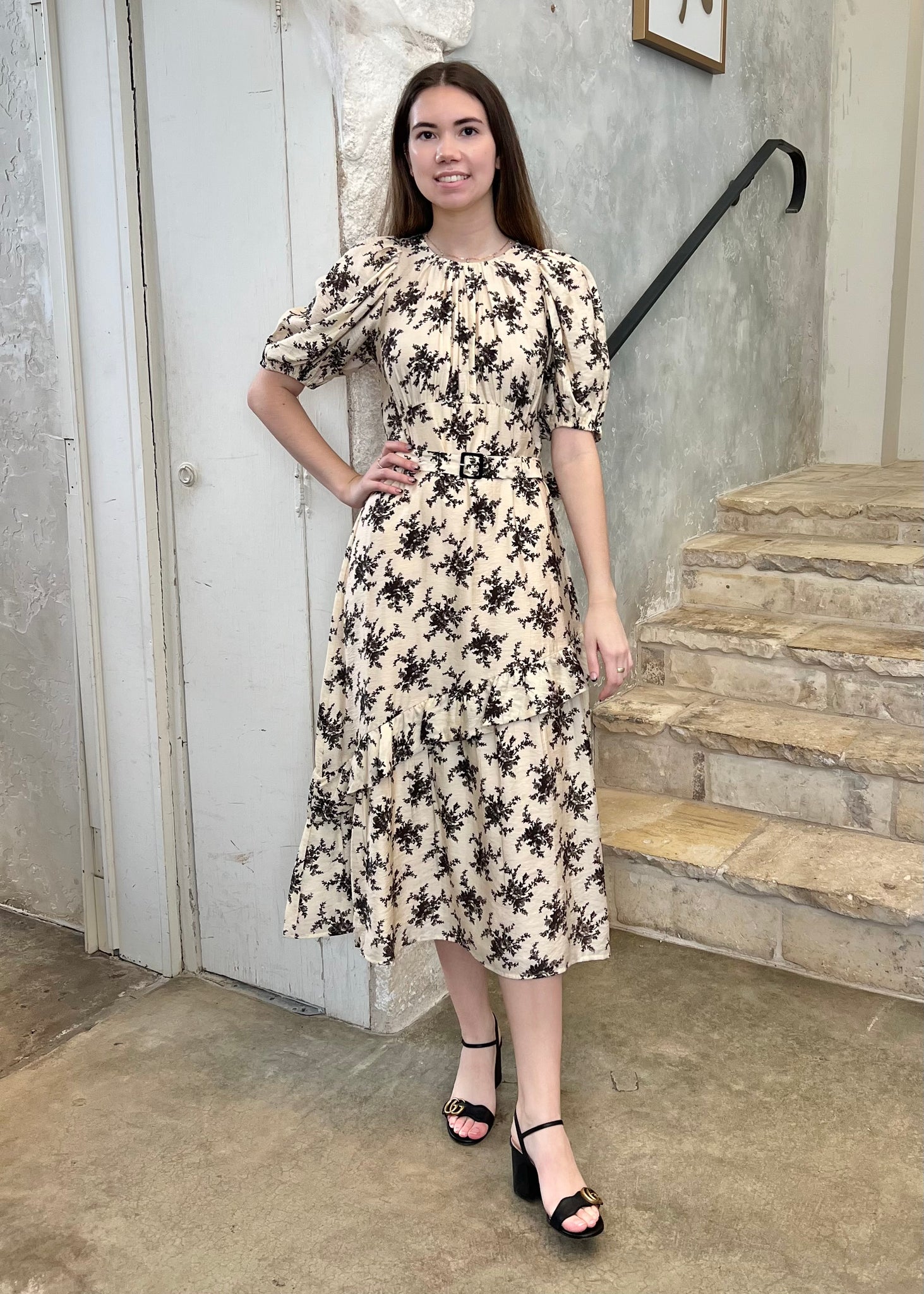 Joan Floral Print Puff Sleeve Belted Midi Dress in Cream