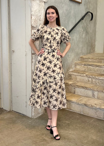 Joan Floral Print Puff Sleeve Belted Midi Dress in Cream