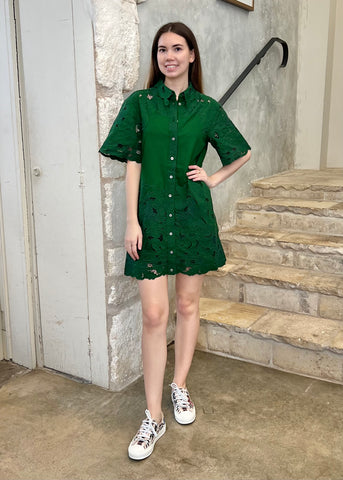 Ceci Embroidery Short Sleeve Shirt Dress in Green