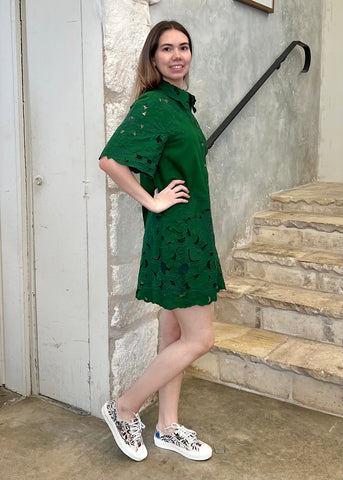 Ceci Embroidery Short Sleeve Shirt Dress in Green