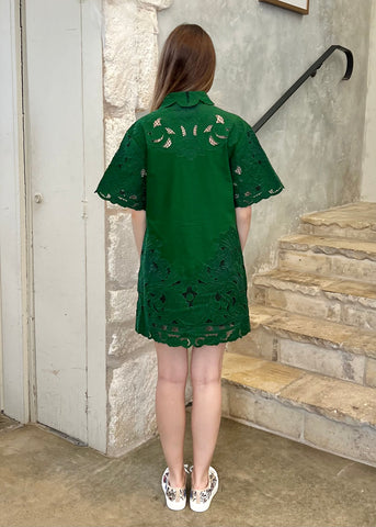 Ceci Embroidery Short Sleeve Shirt Dress in Green