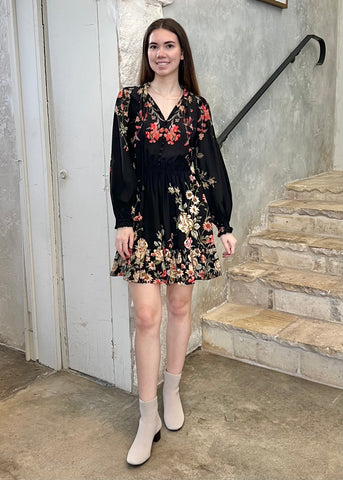 Jolie Floral Print Long Sleeve Mini Dress in Black/Multi