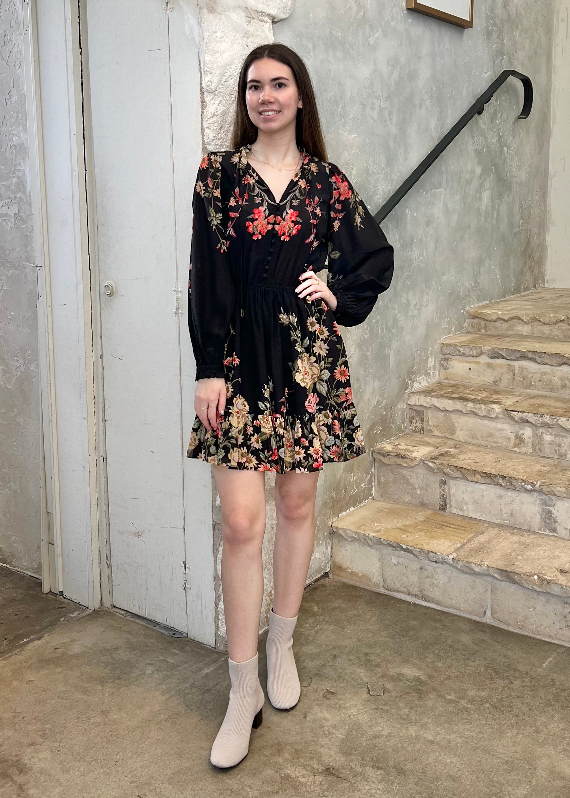 fitted lace wedding dress Jolie Floral Print Long Sleeve Mini Dress in Black/Multi