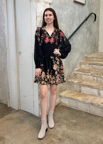 Jolie Floral Print Long Sleeve Mini Dress in Black/Multi