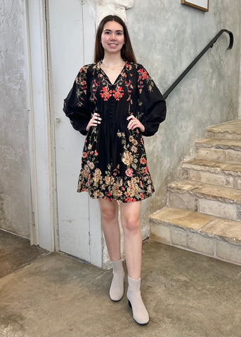 Jolie Floral Print Long Sleeve Mini Dress in Black/Multi
