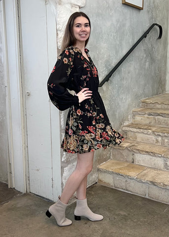 Jolie Floral Print Long Sleeve Mini Dress in Black/Multi