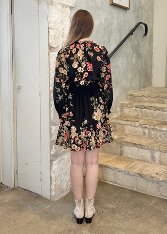 Jolie Floral Print Long Sleeve Mini Dress in Black/Multi