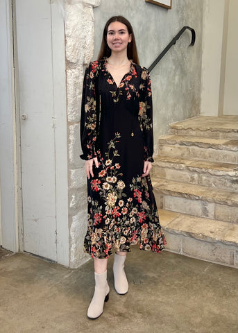 Jolie Floral Print Long Sleeve Midi Dress in Black/Multi