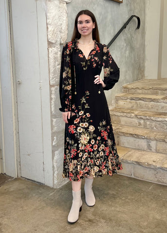 Jolie Floral Print Long Sleeve Midi Dress in Black/Multi