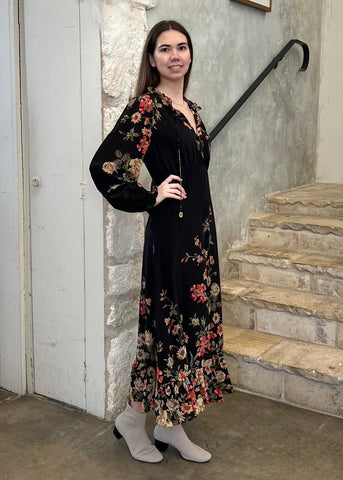 Jolie Floral Print Long Sleeve Midi Dress in Black/Multi