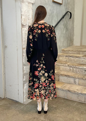 Jolie Floral Print Long Sleeve Midi Dress in Black/Multi