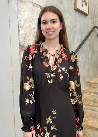 Jolie Floral Print Long Sleeve Mini Dress in Black/Multi