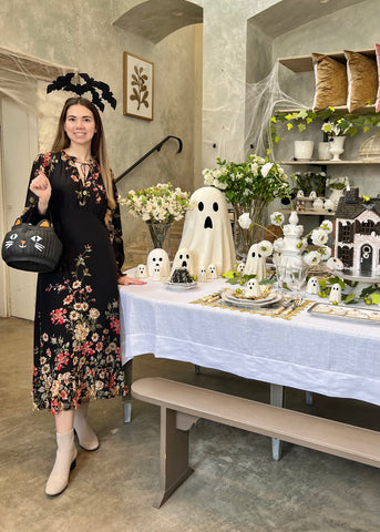 Jolie Floral Print Long Sleeve Midi Dress in Black/Multi