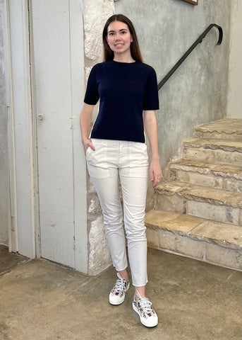 Mallory Combo Knit Short Sleeve Sweater in Navy