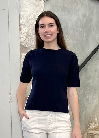 Mallory Combo Knit Short Sleeve Sweater in Navy