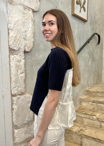 Mallory Combo Knit Short Sleeve Sweater in Navy