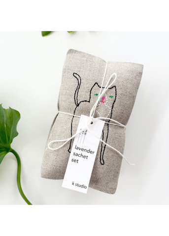 Hand Embroidered Cats - Lavender Sachet Set of 3