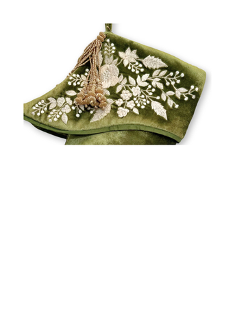 Liza Silk Velvet Stocking with Ivory Embroidered Cuff in Grass Green