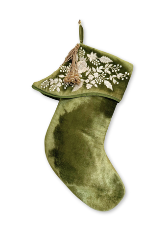 Liza Silk Velvet Stocking with Ivory Embroidered Cuff in Grass Green