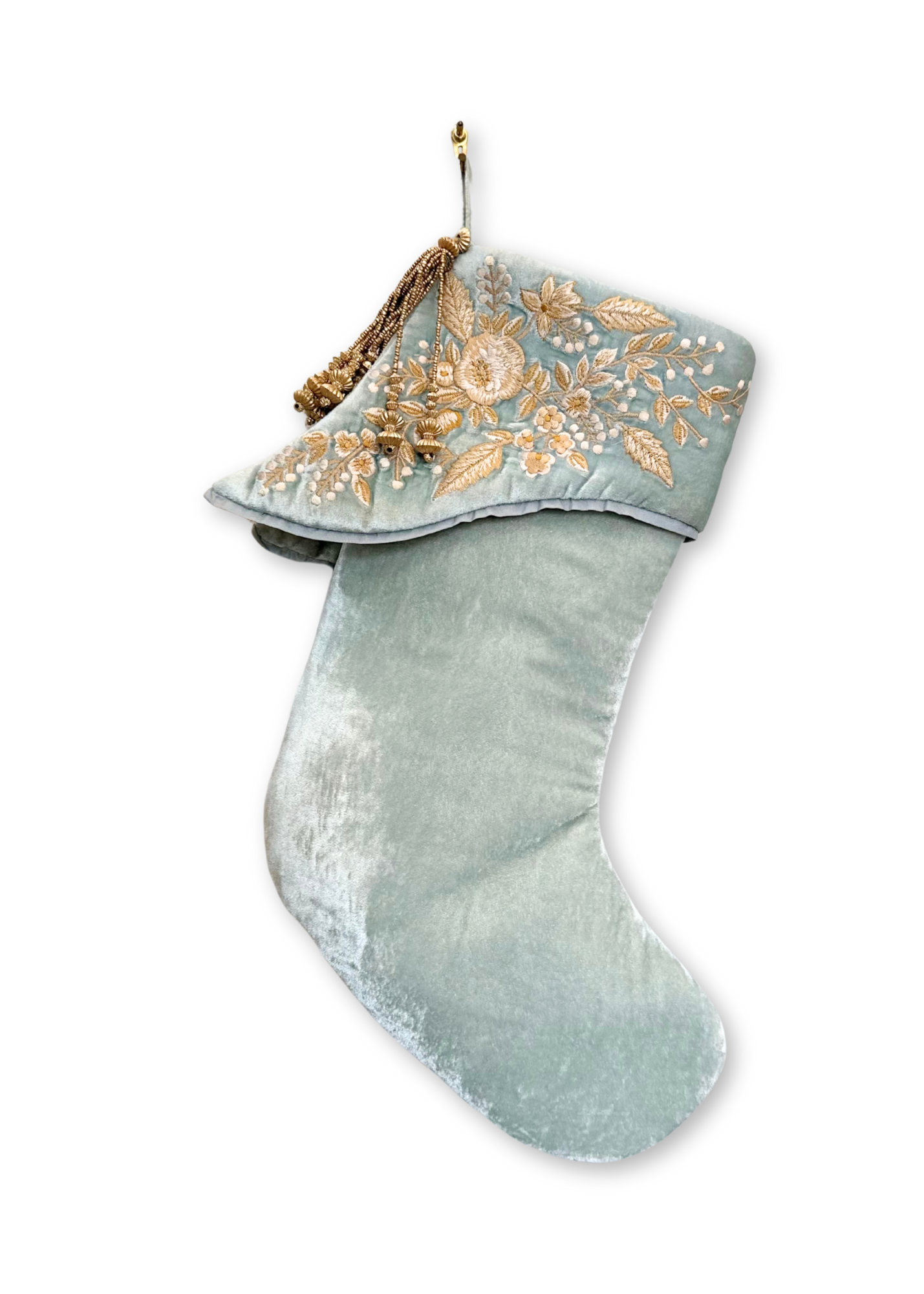 Liza Silk Velvet Stocking with Gold Embroidered Cuff in Heavenly Blue