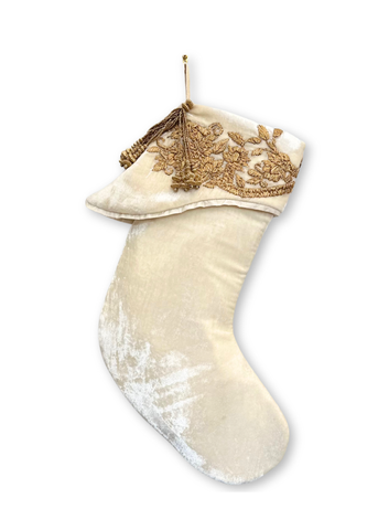 Nature Silk Velvet Stocking with Gold Embroidered Cuff in Ivory