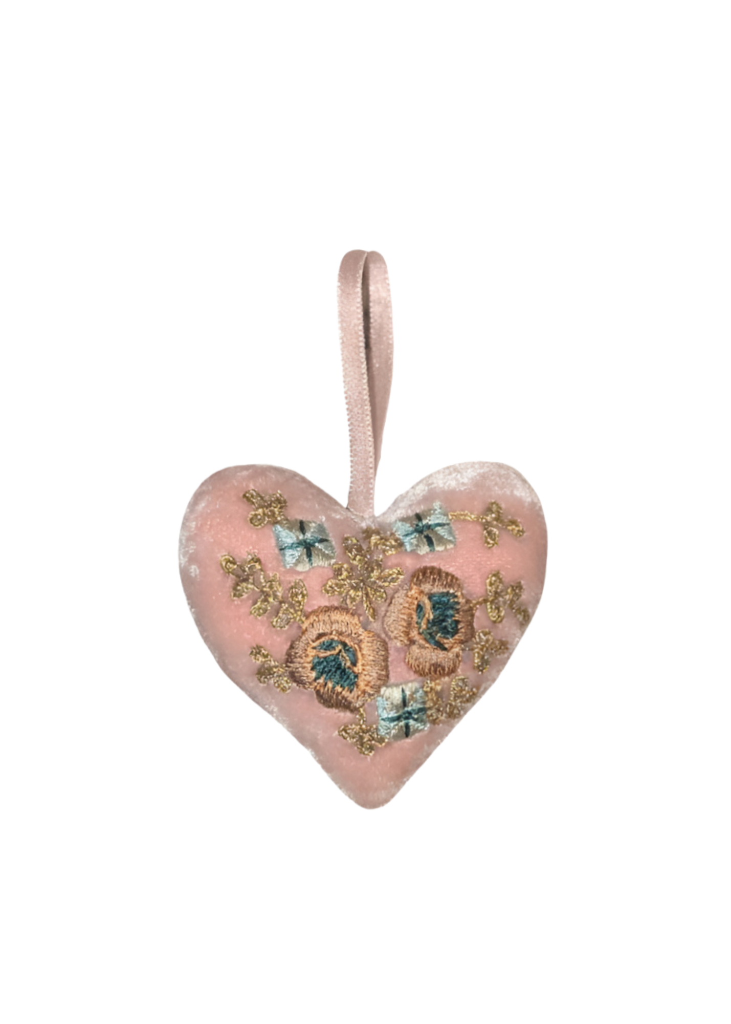 Miranda Blue + Gold Embroidered Silk Velvet Heart in Old Rose