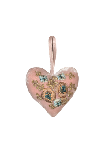 Miranda Blue + Gold Embroidered Silk Velvet Heart in Old Rose