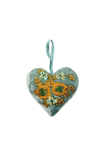 Miranda Blue + Gold Embroidered Silk Velvet Heart in Heavenly Blue