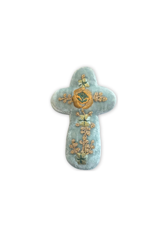 Miranda Blue + Gold Embroidered Silk Velvet Cross in Heavenly Blue